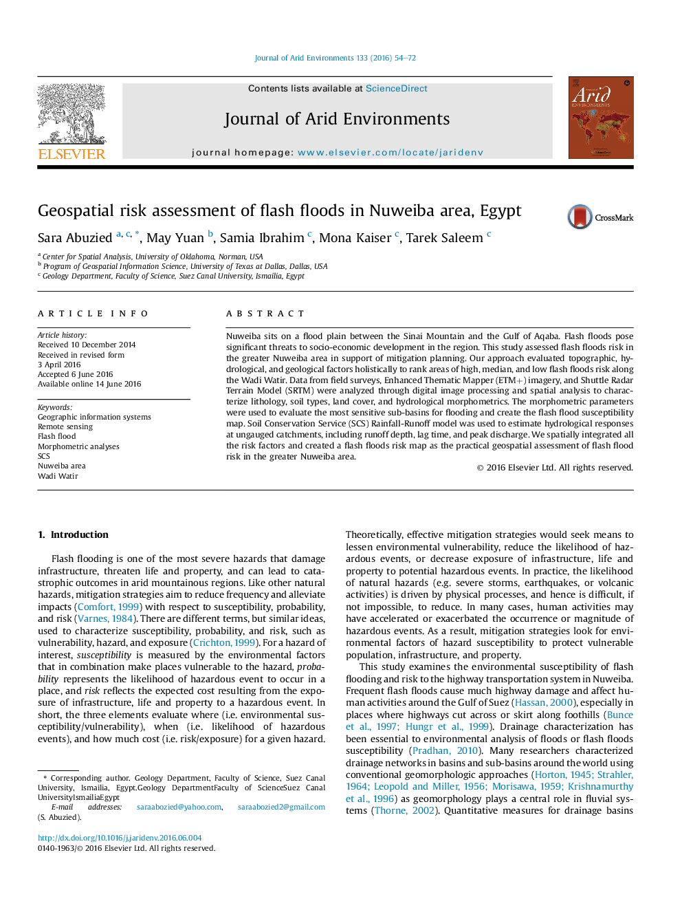 عکس صفحه اول مقاله: Geospatial risk assessment of flash floods in Nuweiba area, Egypt Geospatial risk assessment of flash floods in Nuweiba area, Egypt