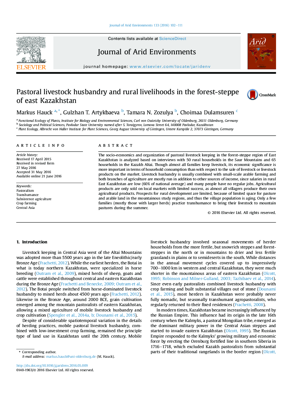 Pastoral livestock husbandry and rural livelihoods in the forest-steppe of east Kazakhstan