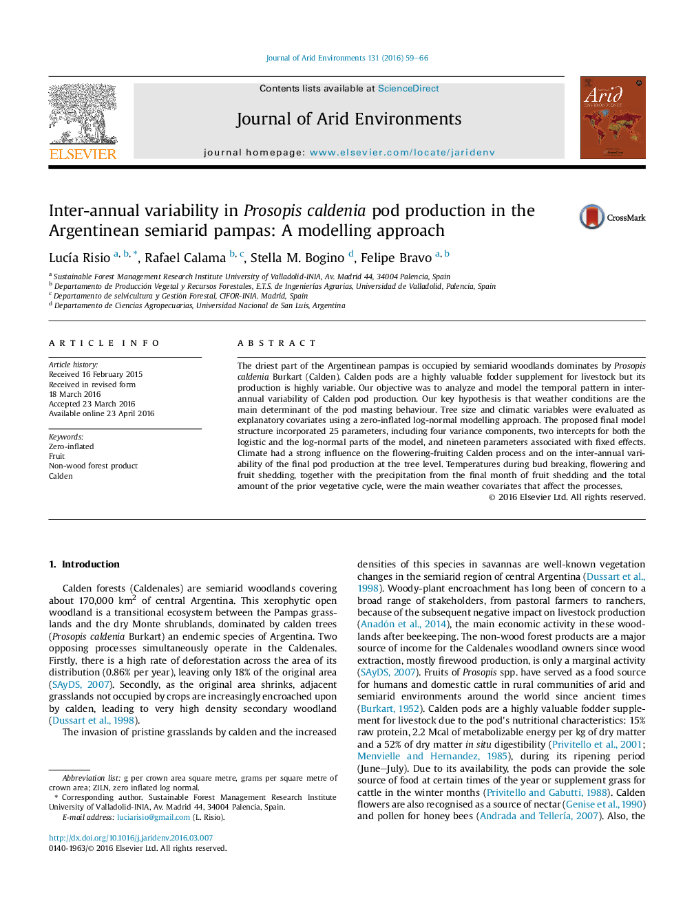 Inter-annual variability in Prosopis caldenia pod production in the Argentinean semiarid pampas: A modelling approach