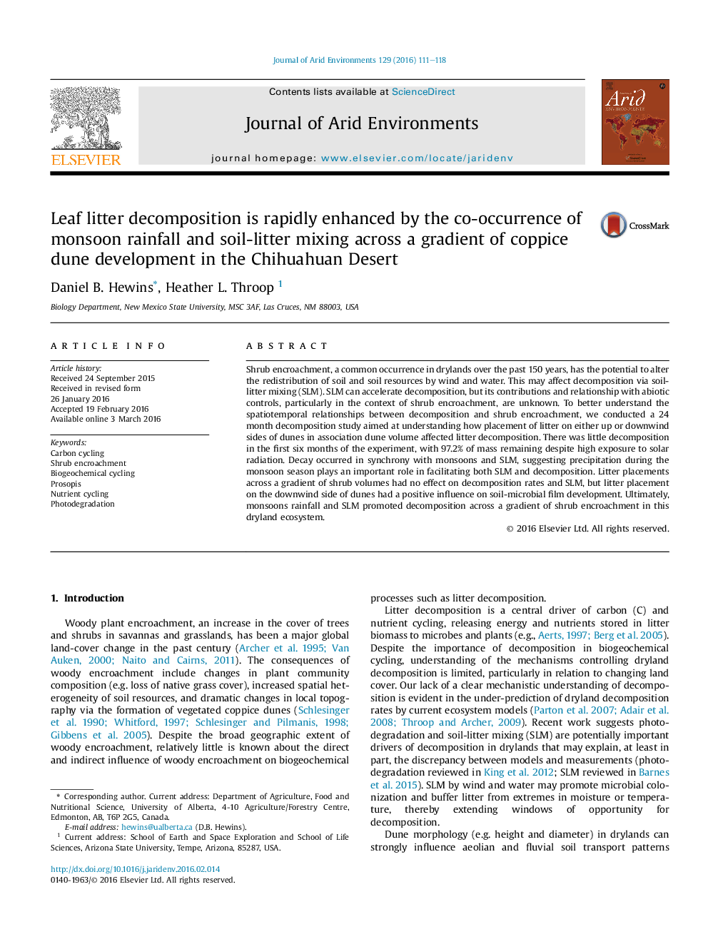 Leaf litter decomposition is rapidly enhanced by the co-occurrence of monsoon rainfall and soil-litter mixing across a gradient of coppice dune development in the Chihuahuan Desert