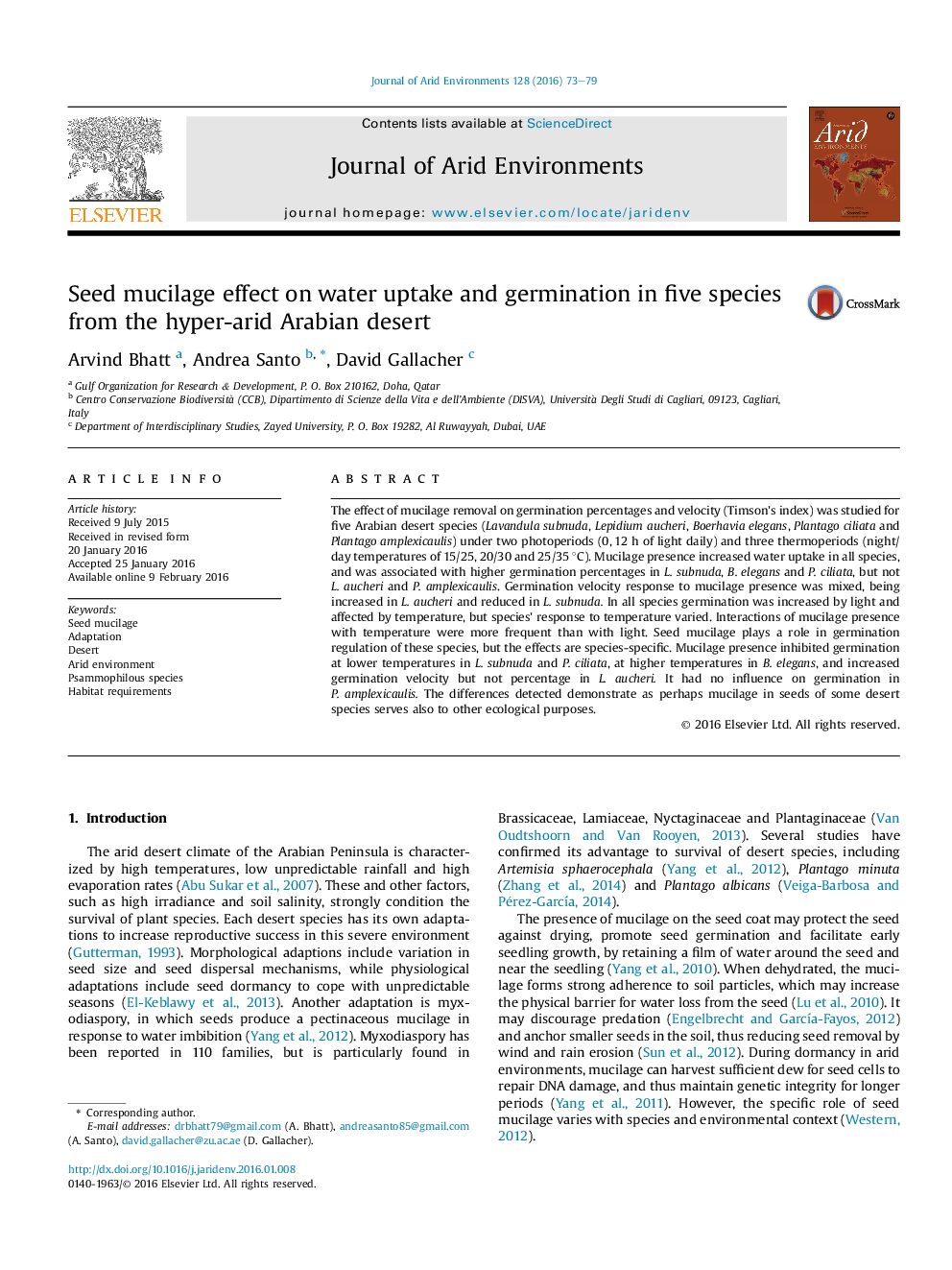 Seed mucilage effect on water uptake and germination in five species from the hyper-arid Arabian desert