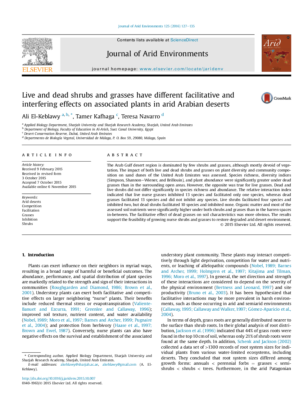 Live and dead shrubs and grasses have different facilitative and interfering effects on associated plants in arid Arabian deserts