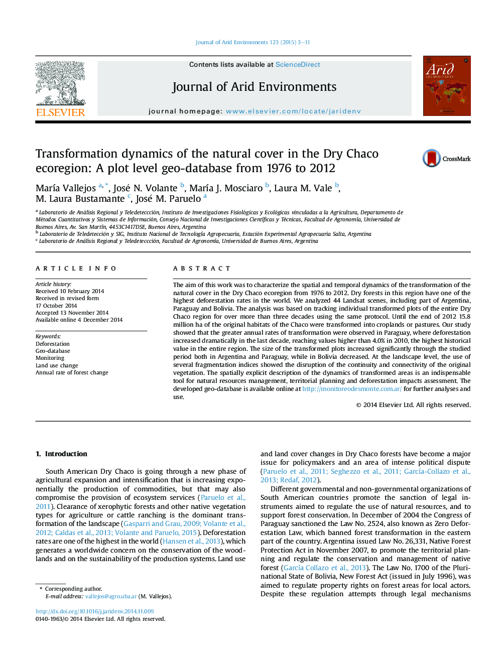 Transformation dynamics of the natural cover in the Dry Chaco ecoregion: A plot level geo-database from 1976 to 2012