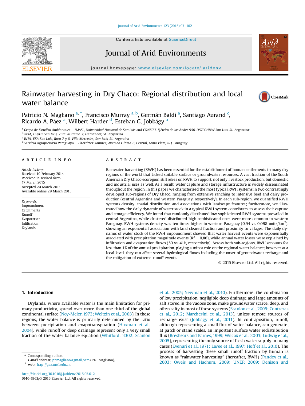 Rainwater harvesting in Dry Chaco: Regional distribution and local water balance