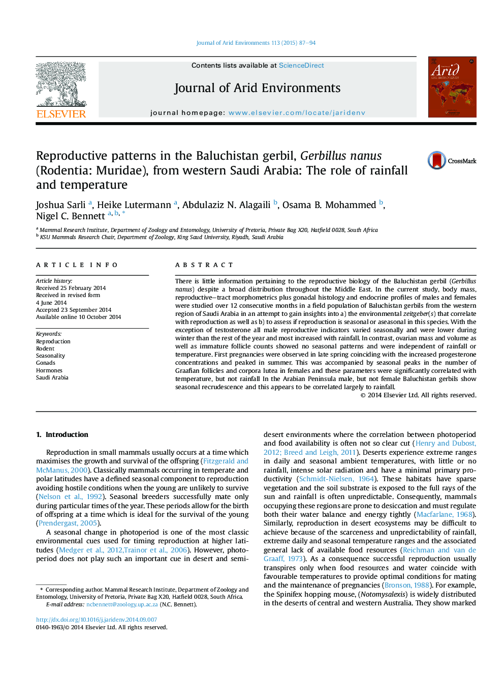 Reproductive patterns in the Baluchistan gerbil, Gerbillus nanus (Rodentia: Muridae), from western Saudi Arabia: The role of rainfall and temperature