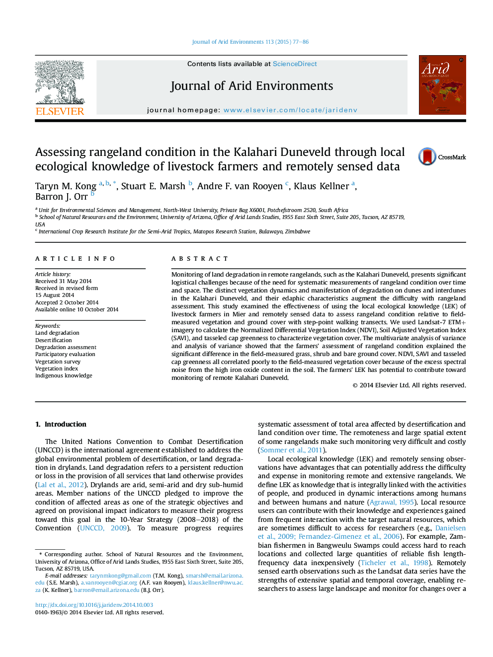 Assessing rangeland condition in the Kalahari Duneveld through local ecological knowledge of livestock farmers and remotely sensed data