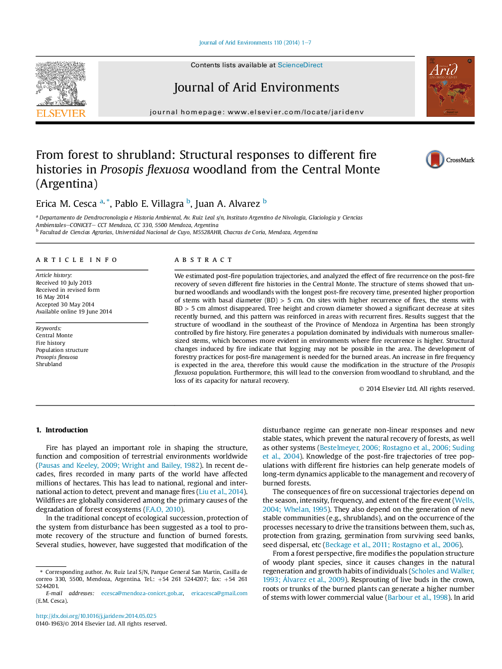 From forest to shrubland: Structural responses to different fire histories in Prosopis flexuosa woodland from the Central Monte (Argentina)