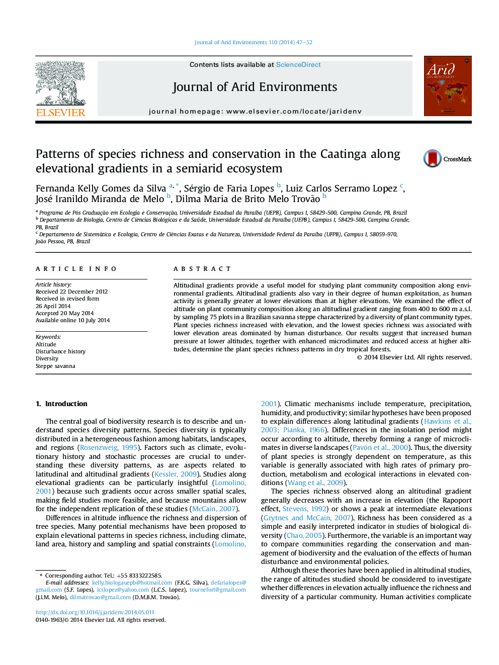 Patterns of species richness and conservation in the Caatinga along elevational gradients in a semiarid ecosystem