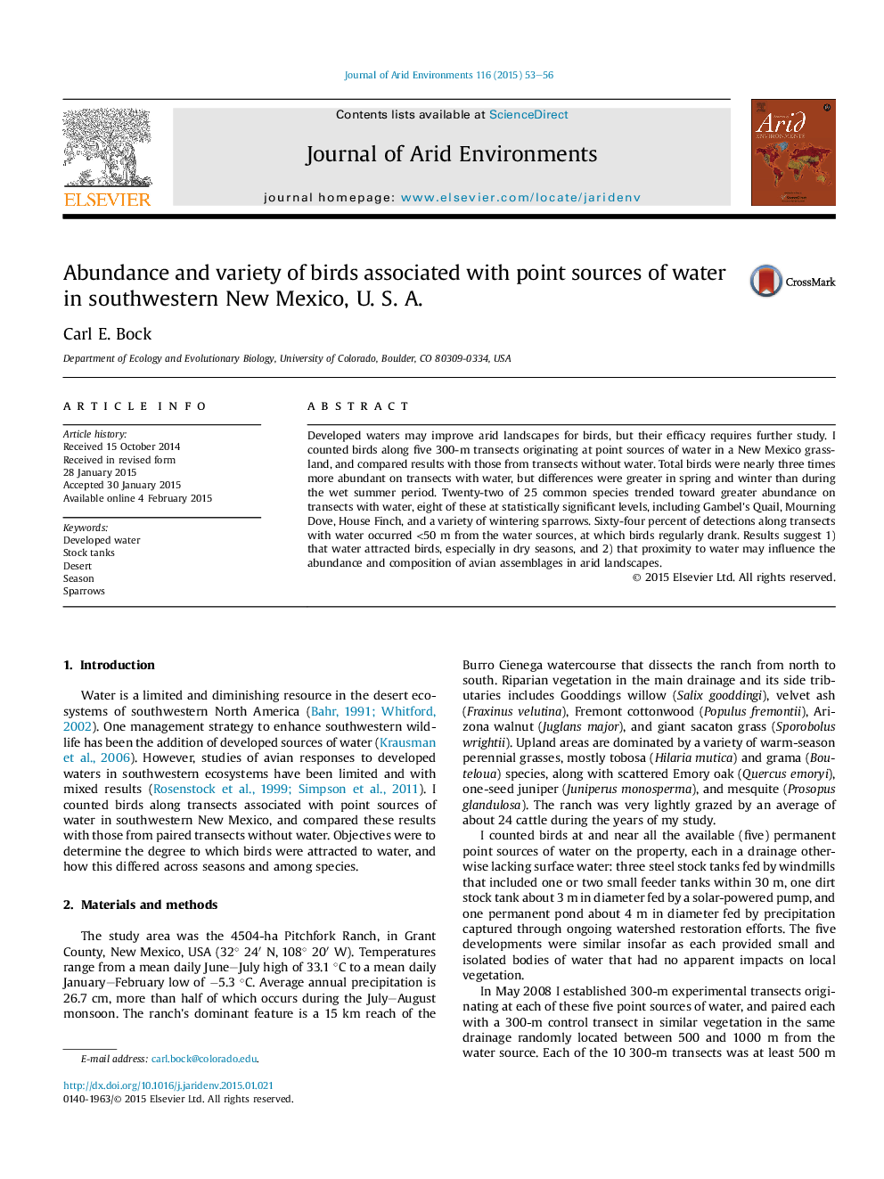 Abundance and variety of birds associated with point sources of water in southwestern New Mexico, U. S. A.