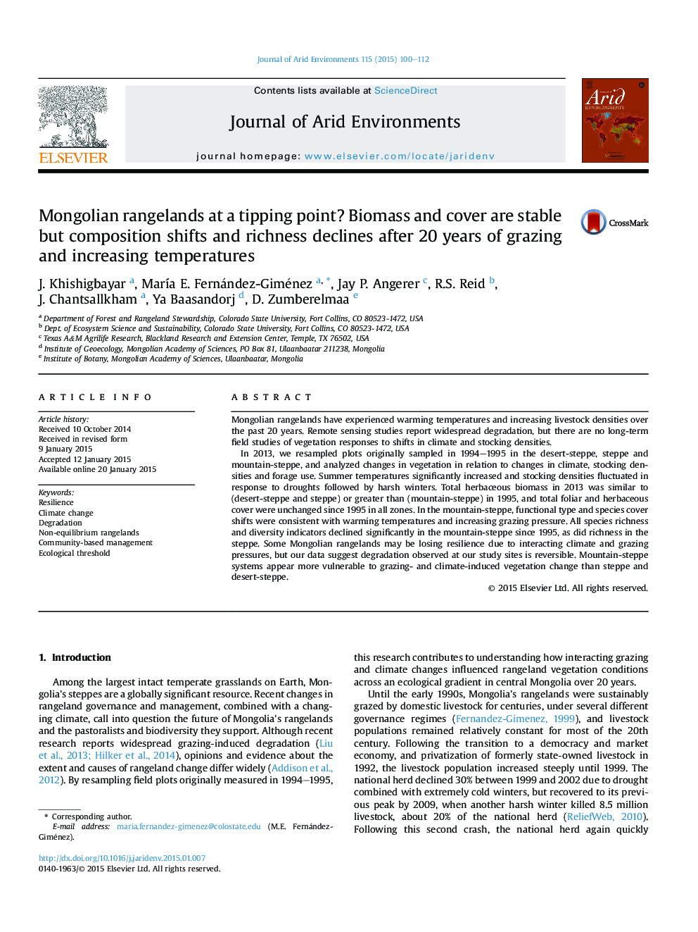 Mongolian rangelands at a tipping point? Biomass and cover are stable but composition shifts and richness declines after 20 years of grazing and increasing temperatures