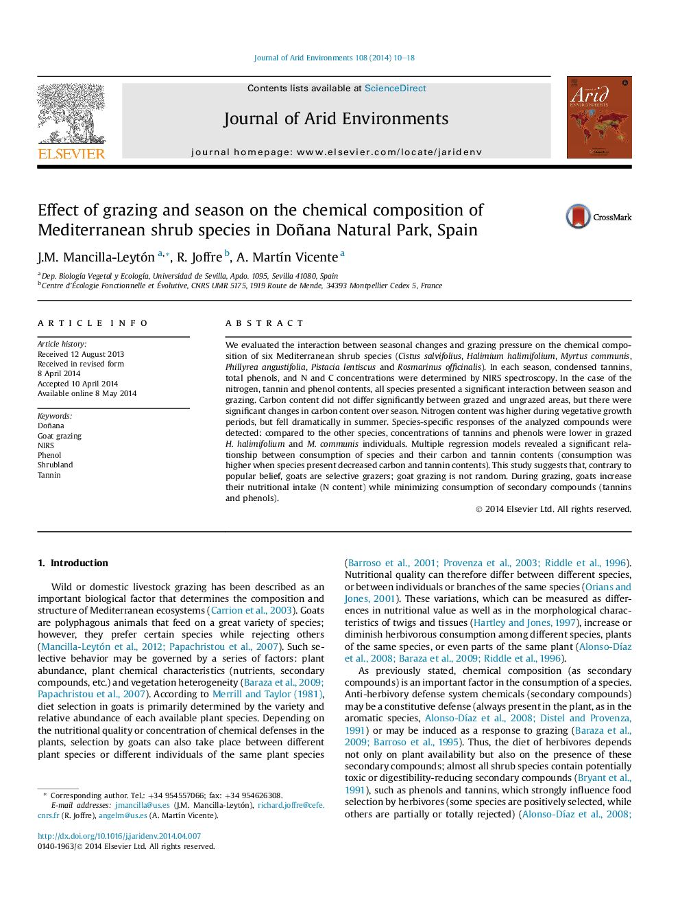 Effect of grazing and season on the chemical composition of Mediterranean shrub species in Doñana Natural Park, Spain