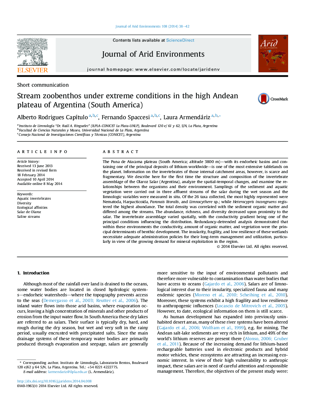 Stream zoobenthos under extreme conditions in the high Andean plateau of Argentina (South America)