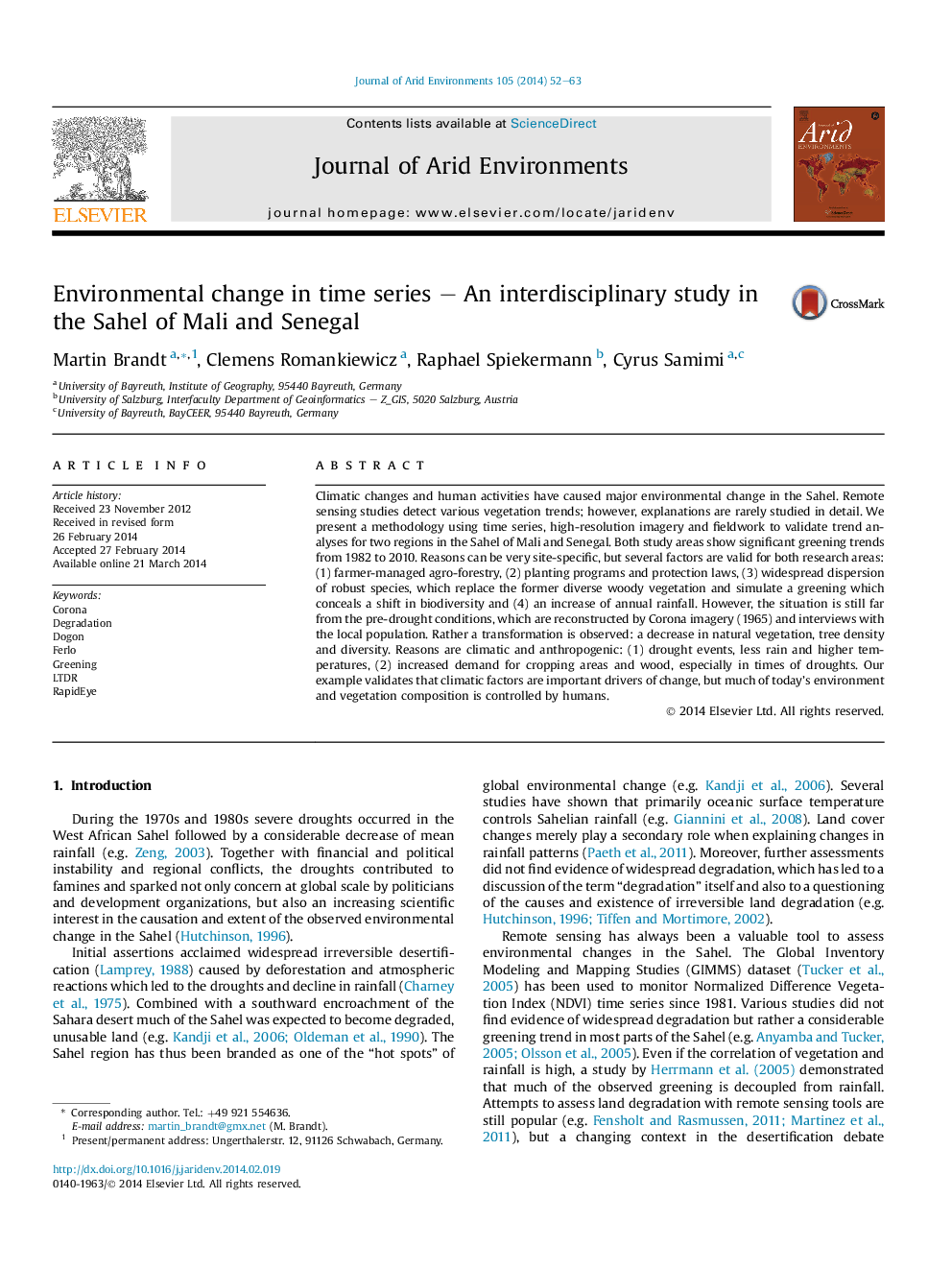 Environmental change in time series – An interdisciplinary study in the Sahel of Mali and Senegal