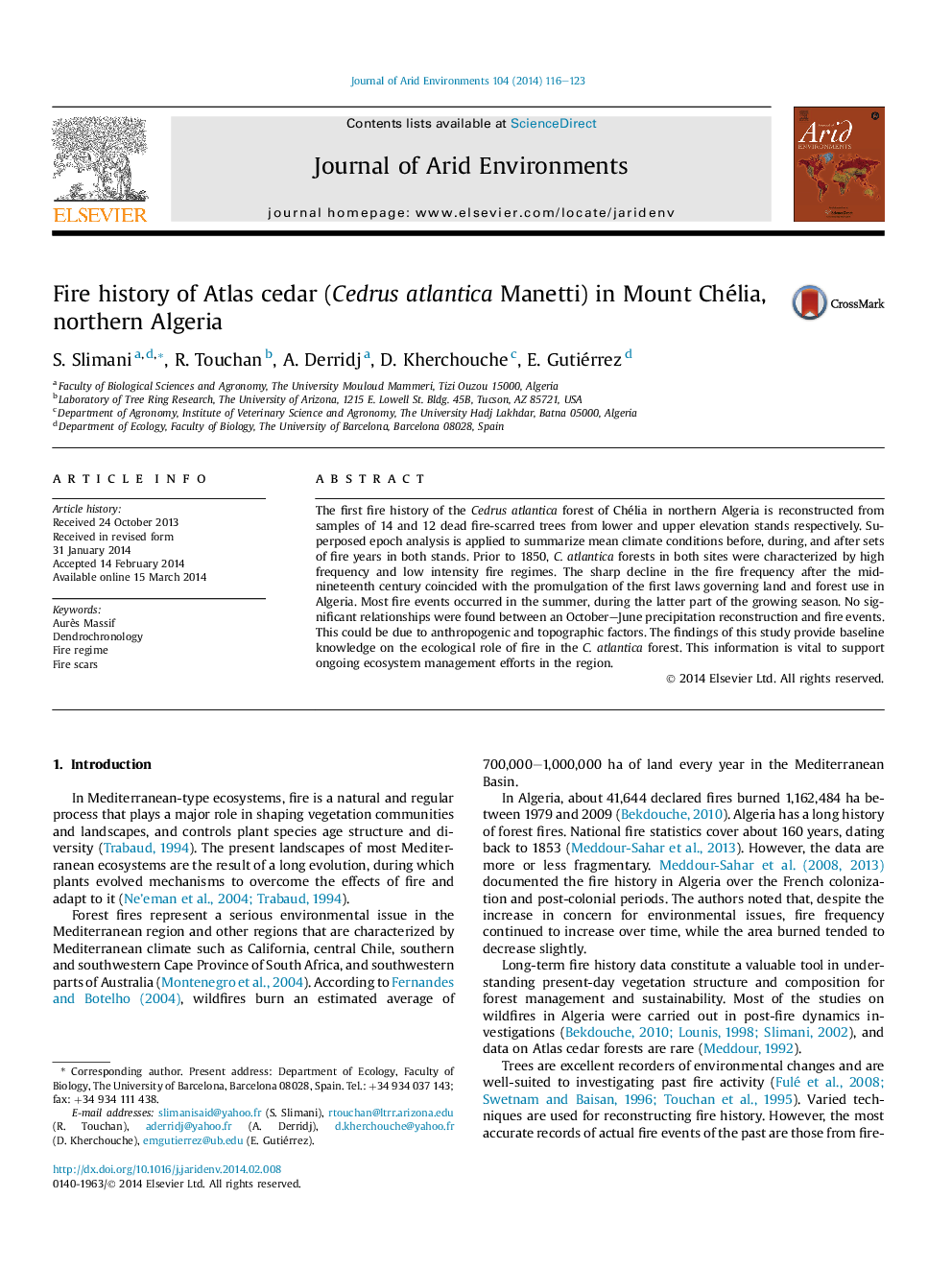 Fire history of Atlas cedar (Cedrus atlantica Manetti) in Mount Chélia, northern Algeria