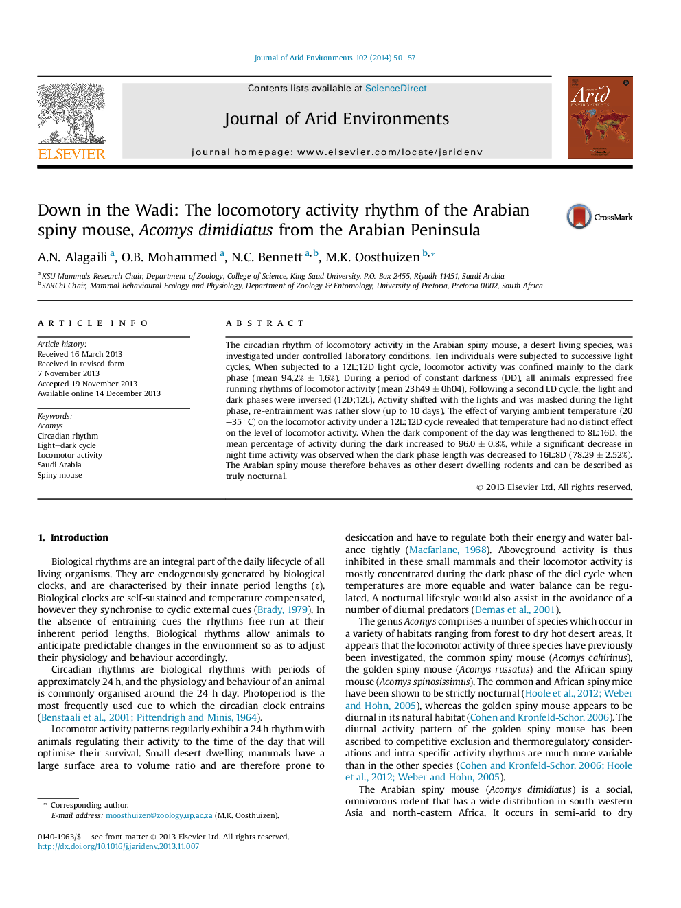 Down in the Wadi: The locomotory activity rhythm of the Arabian spiny mouse, Acomys dimidiatus from the Arabian Peninsula