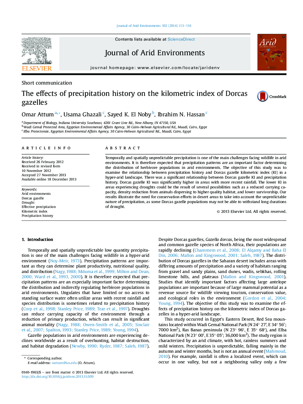 The effects of precipitation history on the kilometric index of Dorcas gazelles