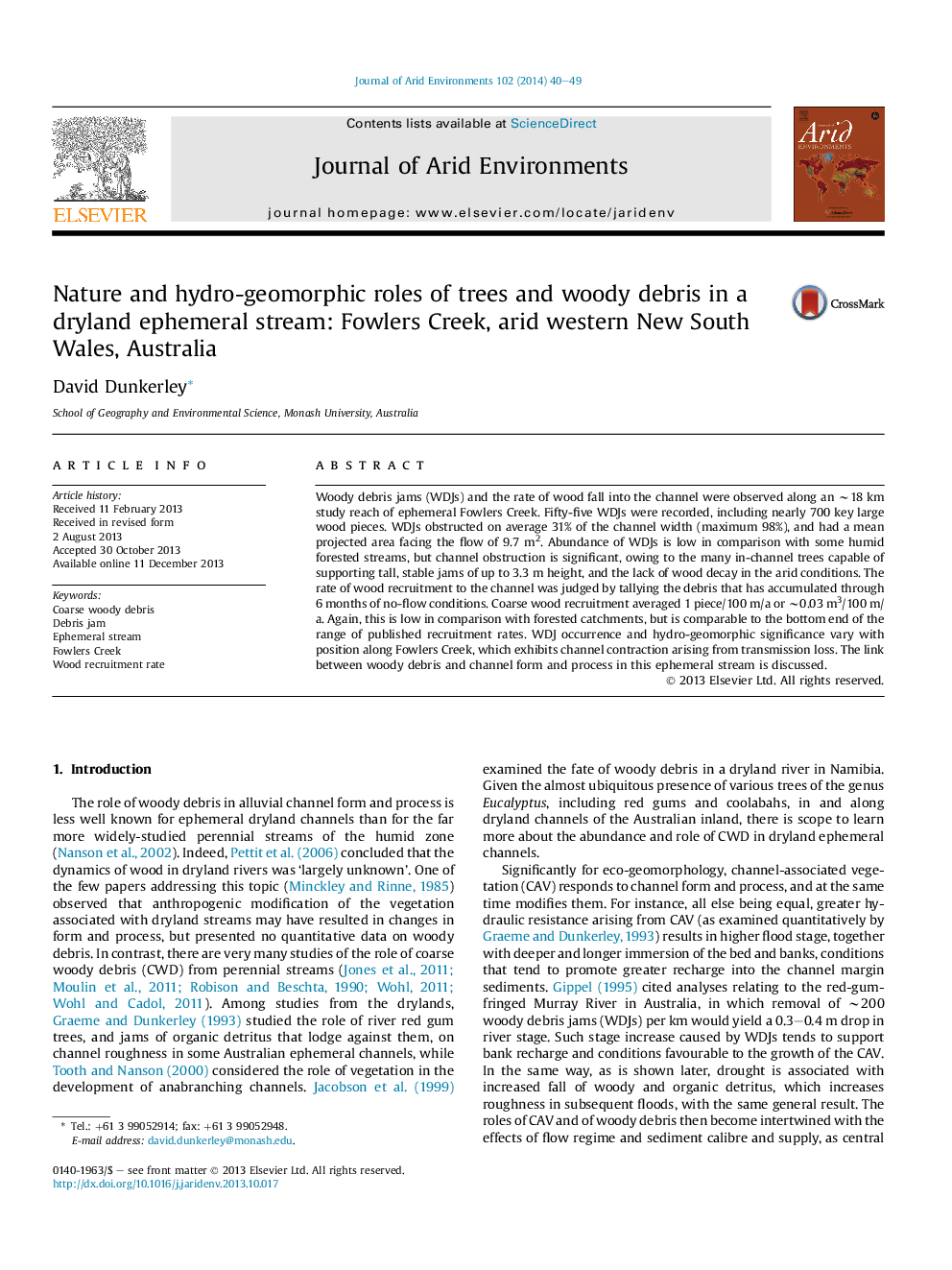 Nature and hydro-geomorphic roles of trees and woody debris in a dryland ephemeral stream: Fowlers Creek, arid western New South Wales, Australia