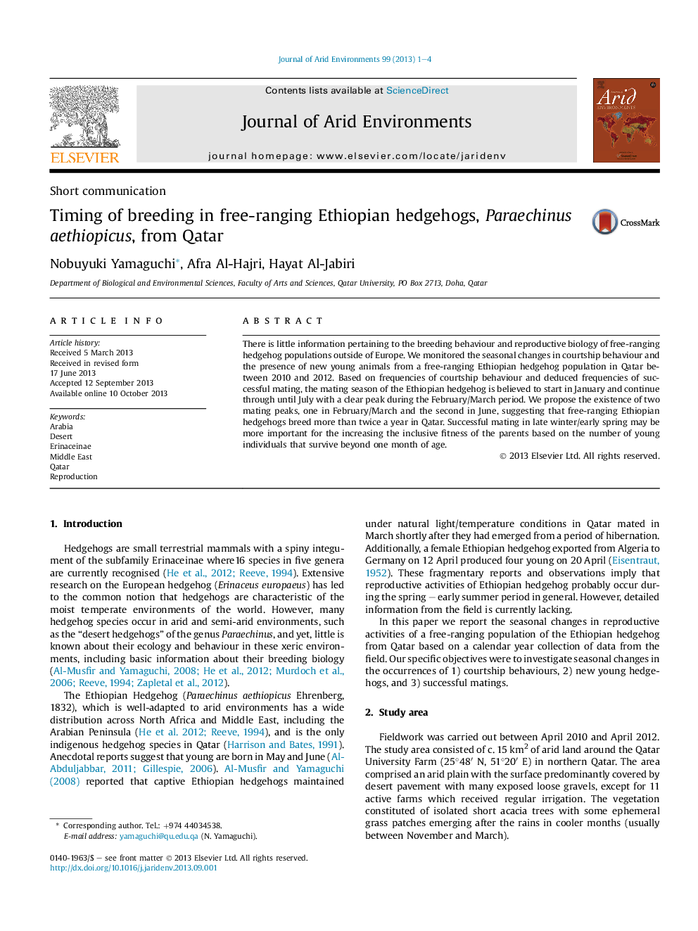 Timing of breeding in free-ranging Ethiopian hedgehogs, Paraechinus aethiopicus, from Qatar