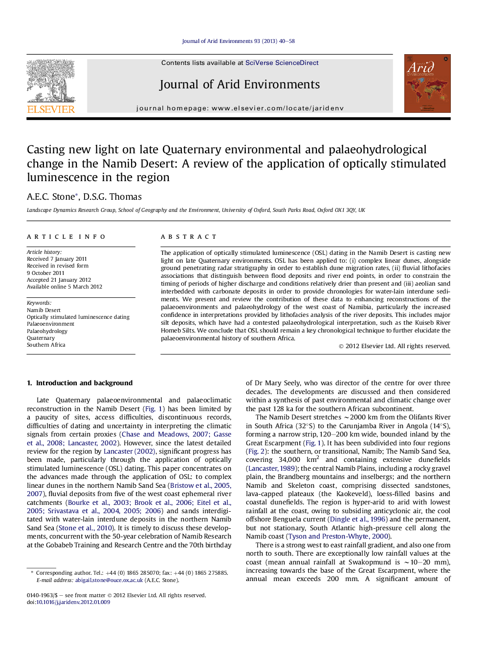 Casting new light on late Quaternary environmental and palaeohydrological change in the Namib Desert: A review of the application of optically stimulated luminescence in the region