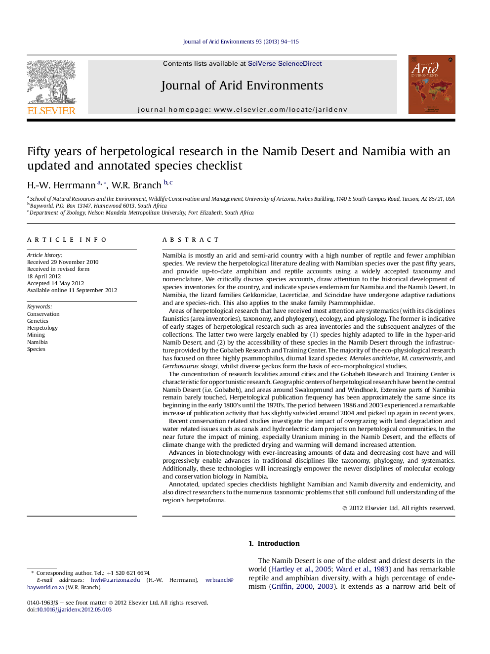 Fifty years of herpetological research in the Namib Desert and Namibia with an updated and annotated species checklist