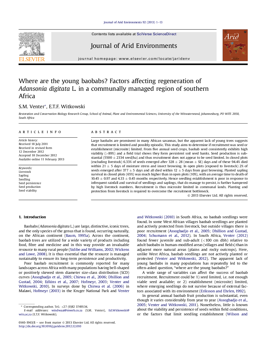 Where are the young baobabs? Factors affecting regeneration of Adansonia digitata L. in a communally managed region of southern Africa