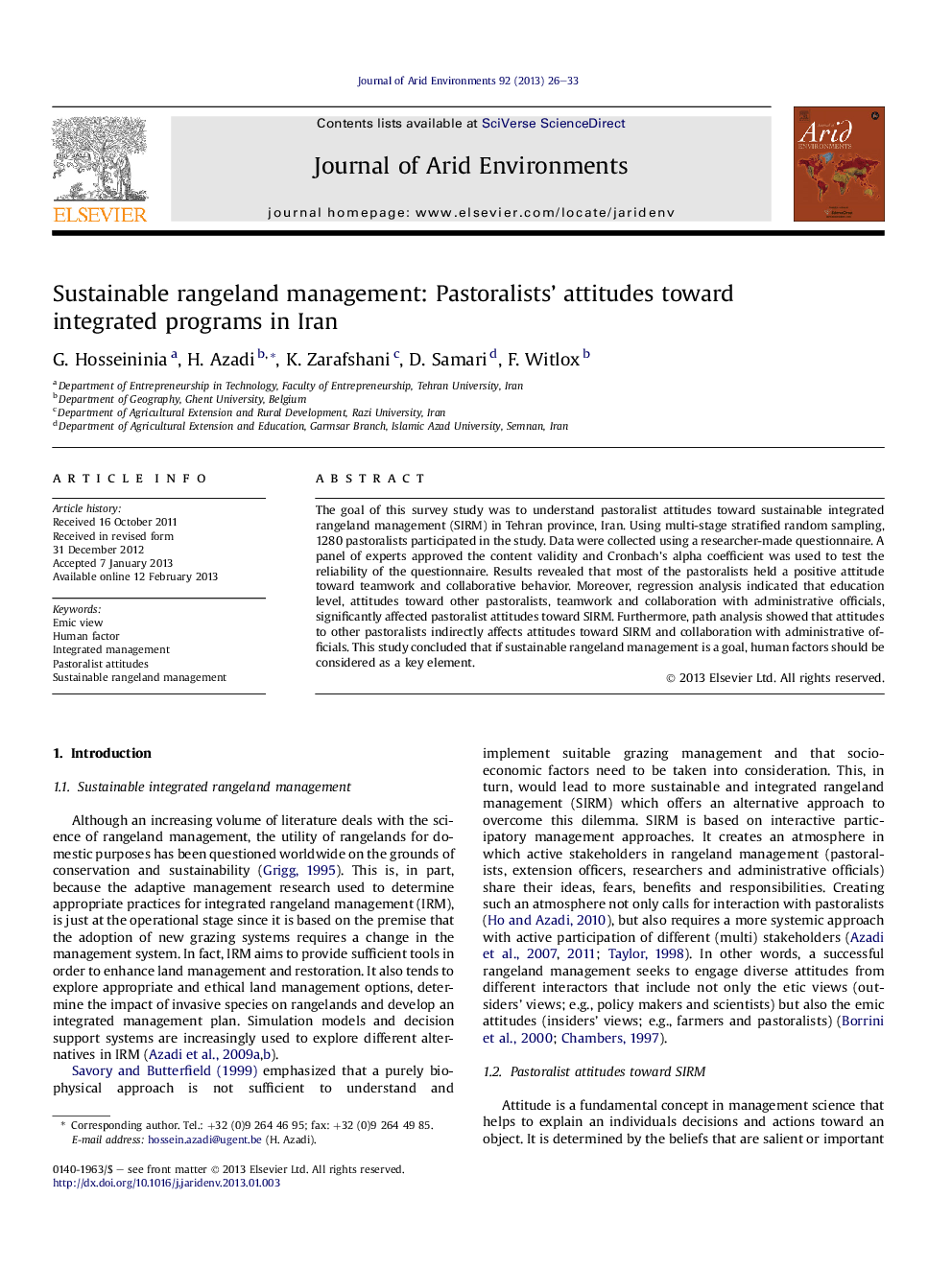 Sustainable rangeland management: Pastoralists' attitudes toward integrated programs in Iran