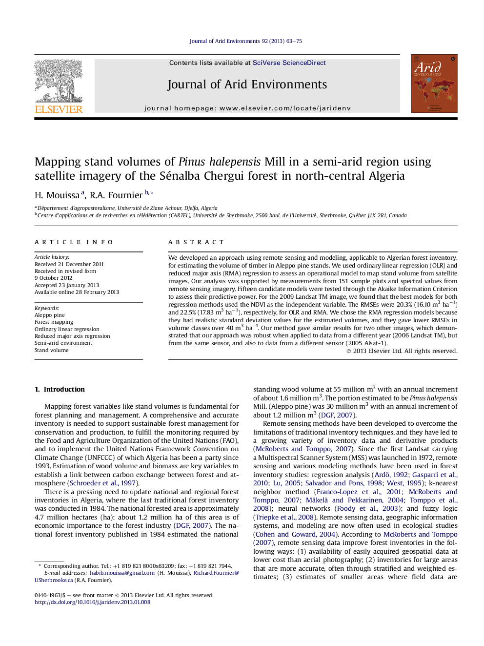 Mapping stand volumes of Pinus halepensis Mill in a semi-arid region using satellite imagery of the Sénalba Chergui forest in north-central Algeria