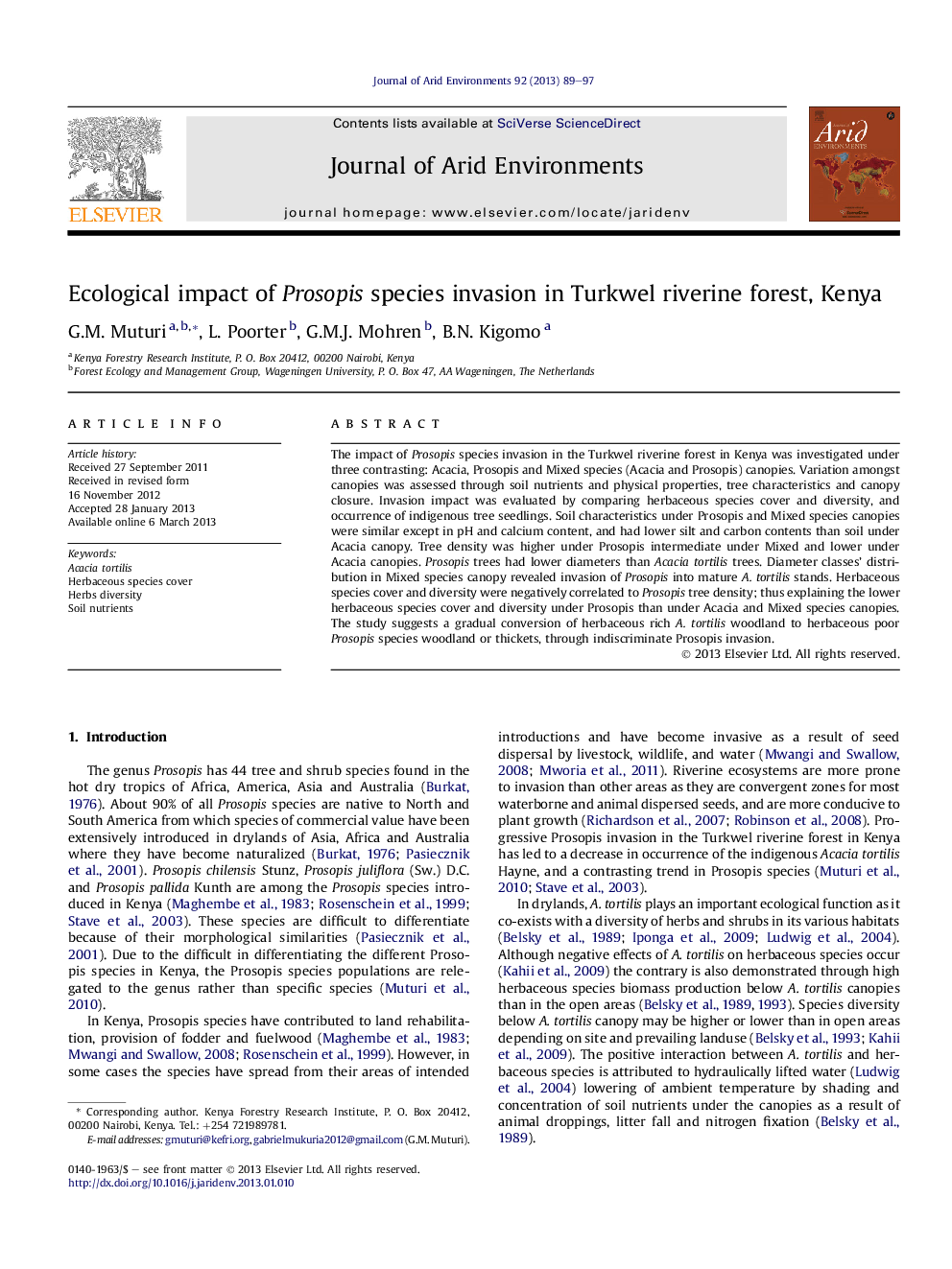 Ecological impact of Prosopis species invasion in Turkwel riverine forest, Kenya