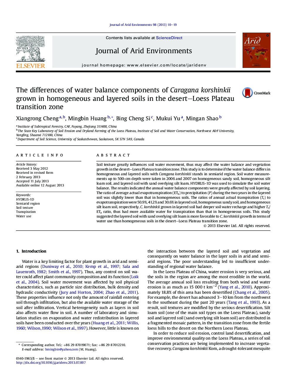 The differences of water balance components of Caragana korshinkii grown in homogeneous and layered soils in the desert–Loess Plateau transition zone