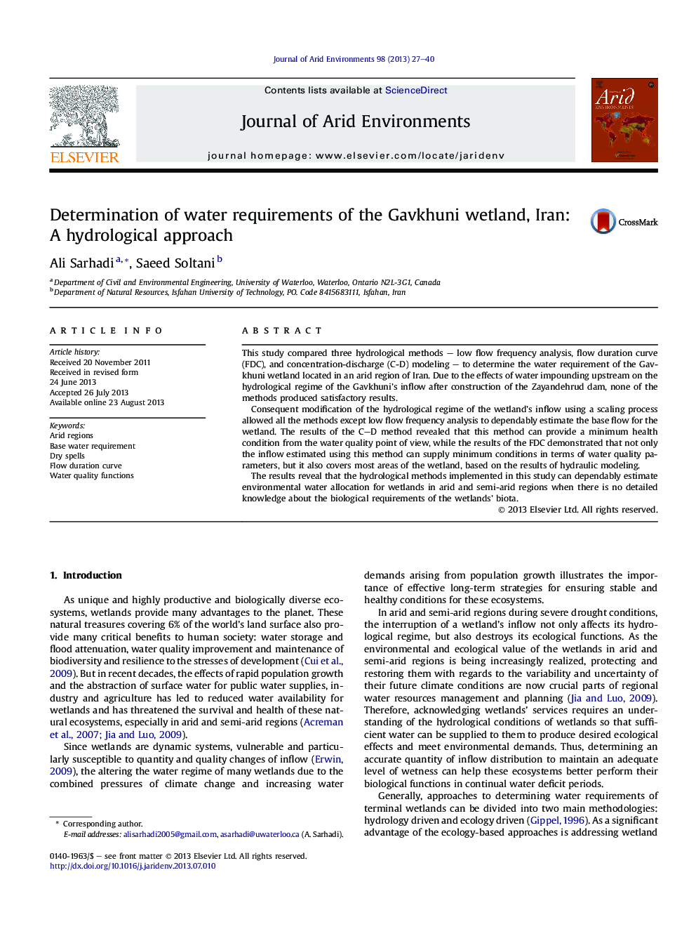 Determination of water requirements of the Gavkhuni wetland, Iran: A hydrological approach