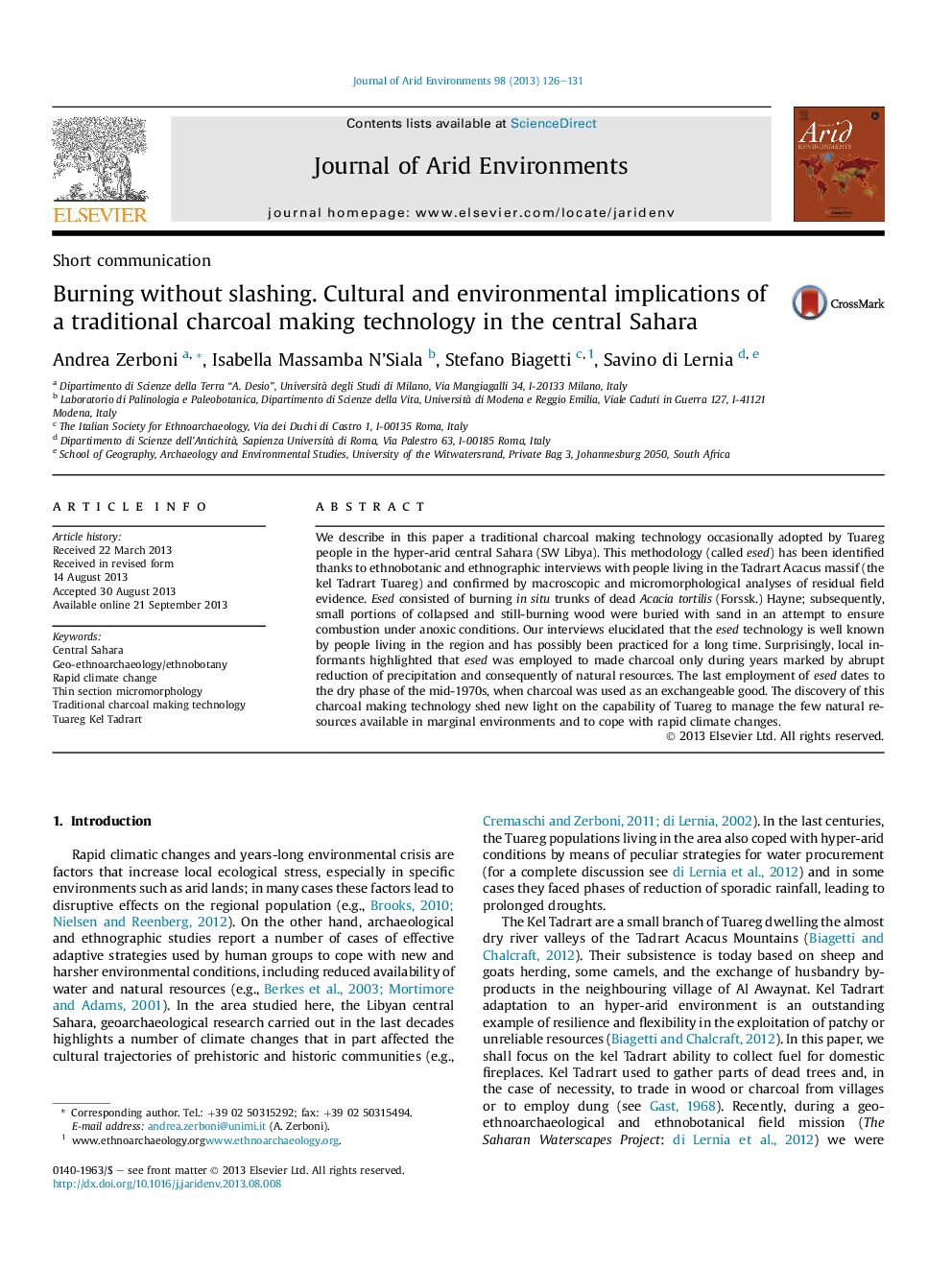 عکس صفحه اول مقاله: Burning without slashing. Cultural and environmental implications of a traditional charcoal making technology in the central Sahara Burning without slashing. Cultural and environmental implications of a traditional charcoal making technology in the central Sahara