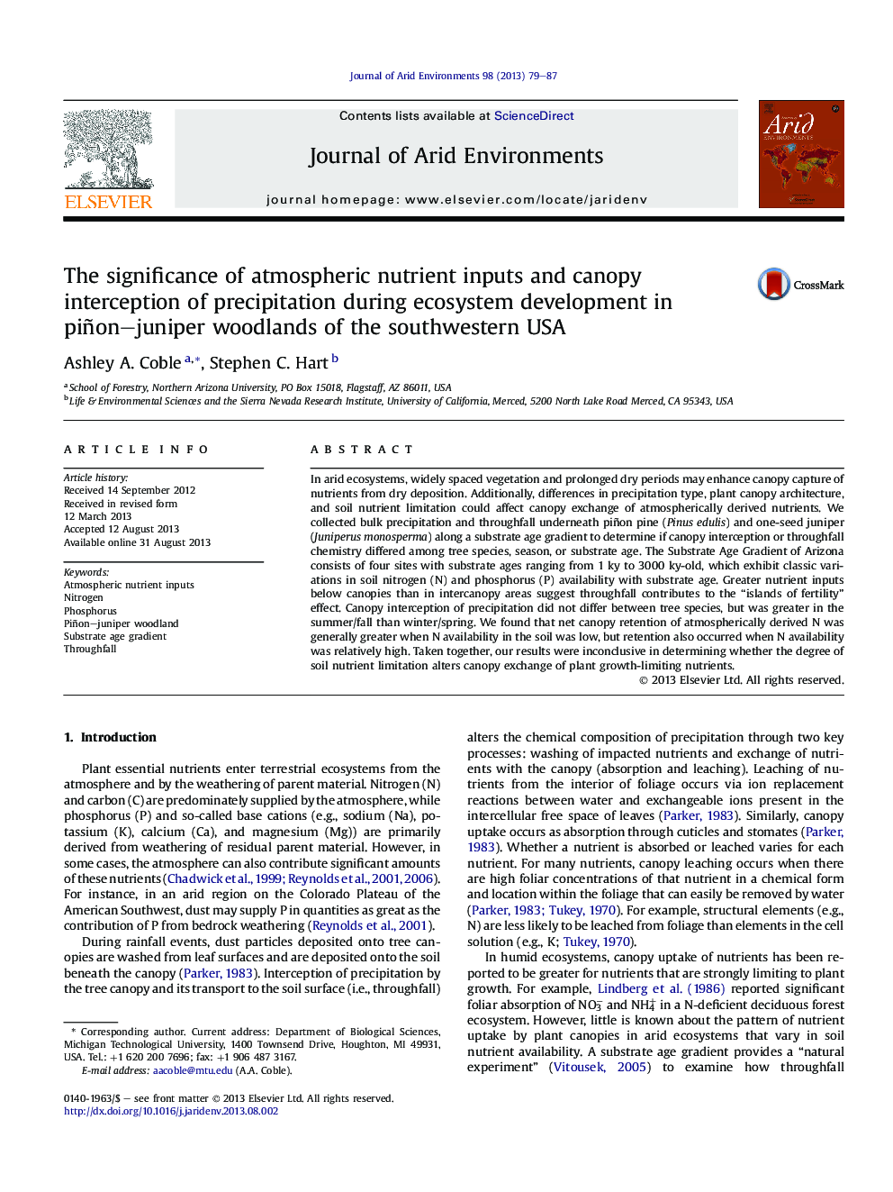 عکس صفحه اول مقاله: The significance of atmospheric nutrient inputs and canopy interception of precipitation during ecosystem development in piñon–juniper woodlands of the southwestern USA The significance of atmospheric nutrient inputs and canopy interception of precipitation during ecosystem development in piñon–juniper woodlands of the southwestern USA