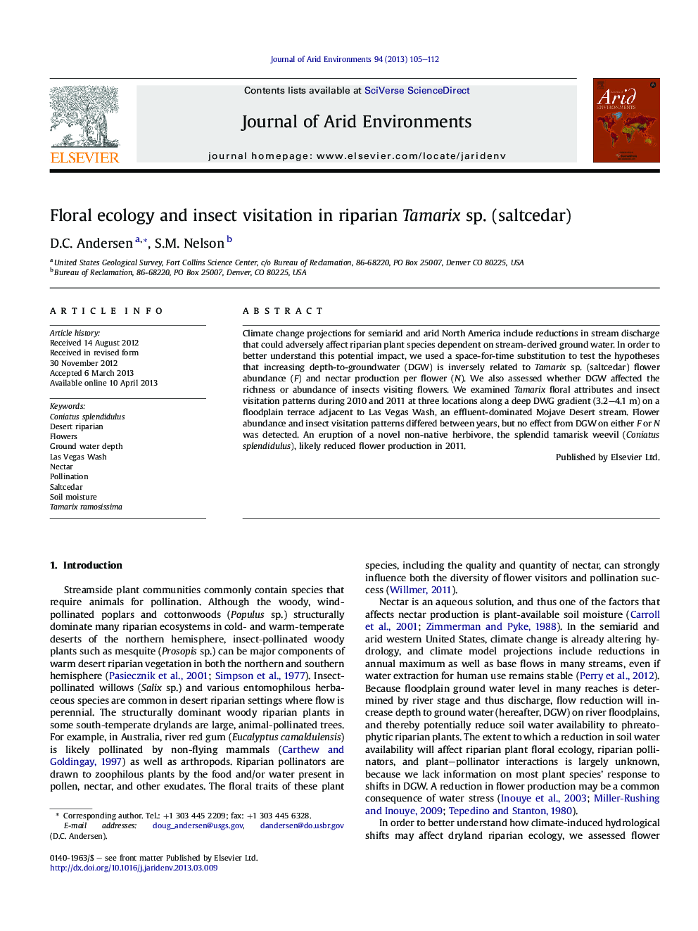 Floral ecology and insect visitation in riparian Tamarix sp. (saltcedar)