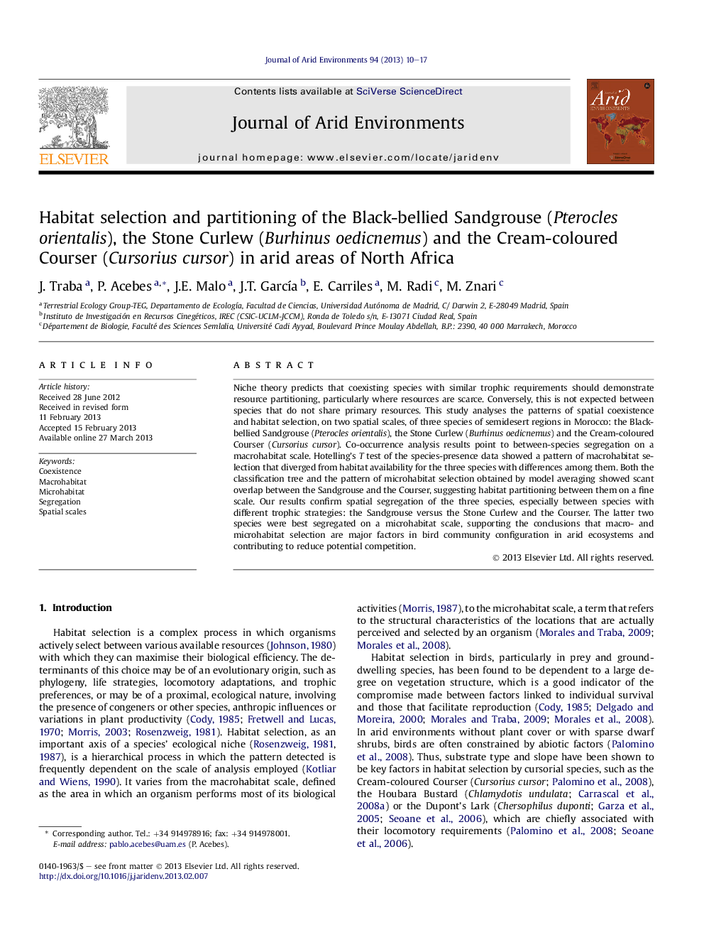 Habitat selection and partitioning of the Black-bellied Sandgrouse (Pterocles orientalis), the Stone Curlew (Burhinus oedicnemus) and the Cream-coloured Courser (Cursorius cursor) in arid areas of North Africa