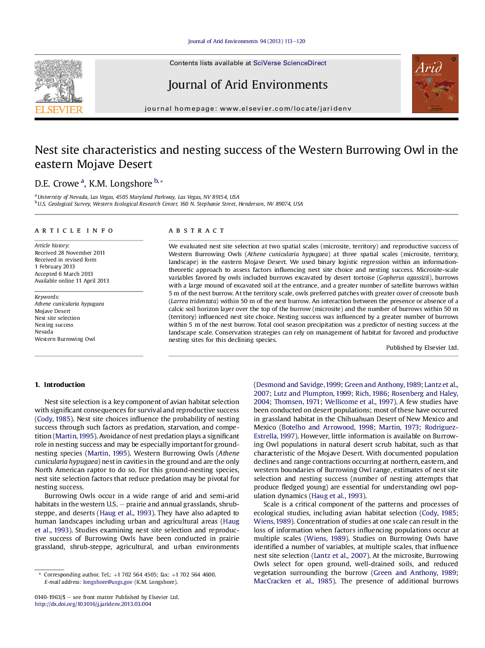 Nest site characteristics and nesting success of the Western Burrowing Owl in the eastern Mojave Desert