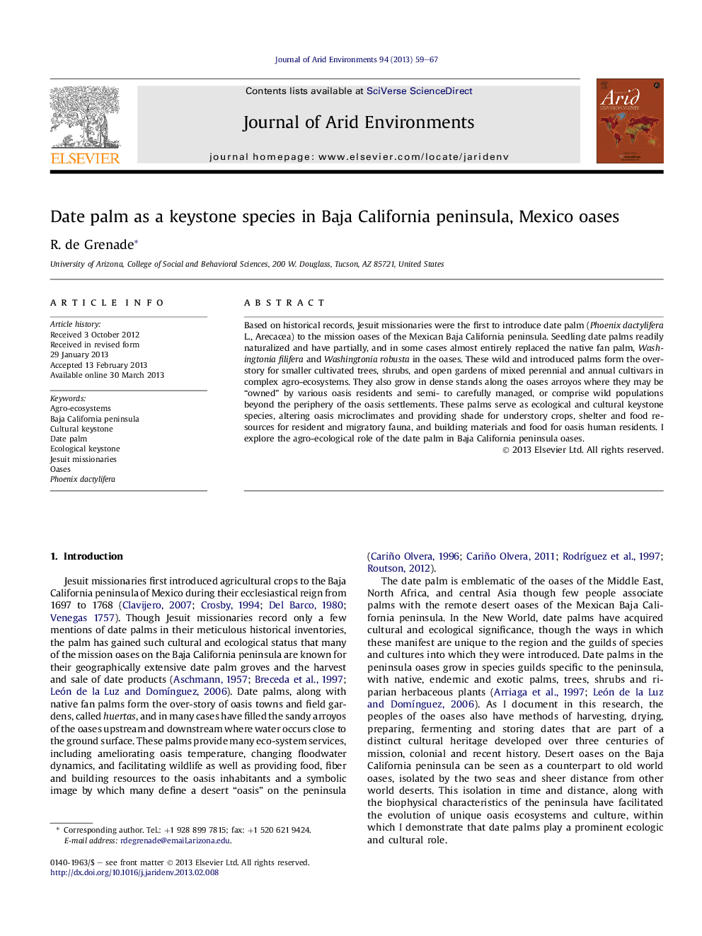 Date palm as a keystone species in Baja California peninsula, Mexico oases