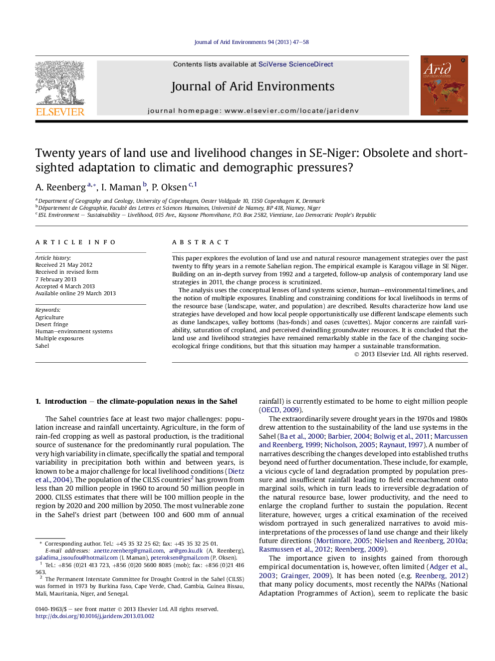 Twenty years of land use and livelihood changes in SE-Niger: Obsolete and short-sighted adaptation to climatic and demographic pressures?