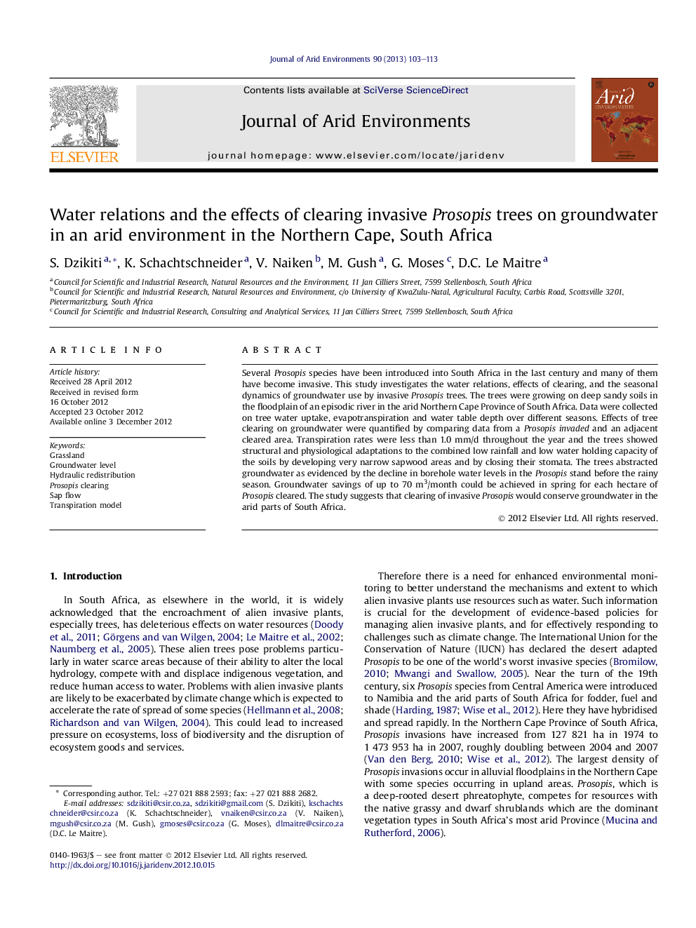 Water relations and the effects of clearing invasive Prosopis trees on groundwater in an arid environment in the Northern Cape, South Africa