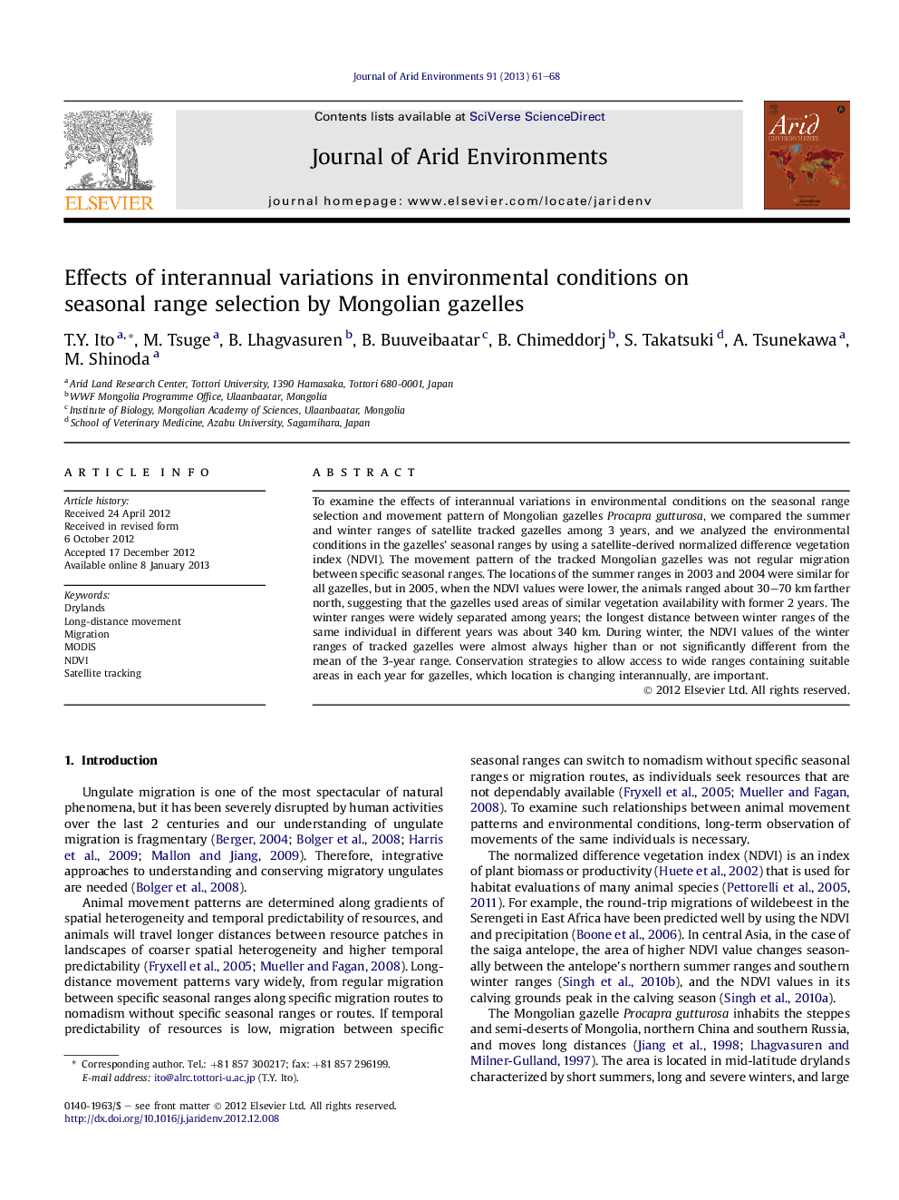 Effects of interannual variations in environmental conditions on seasonal range selection by Mongolian gazelles