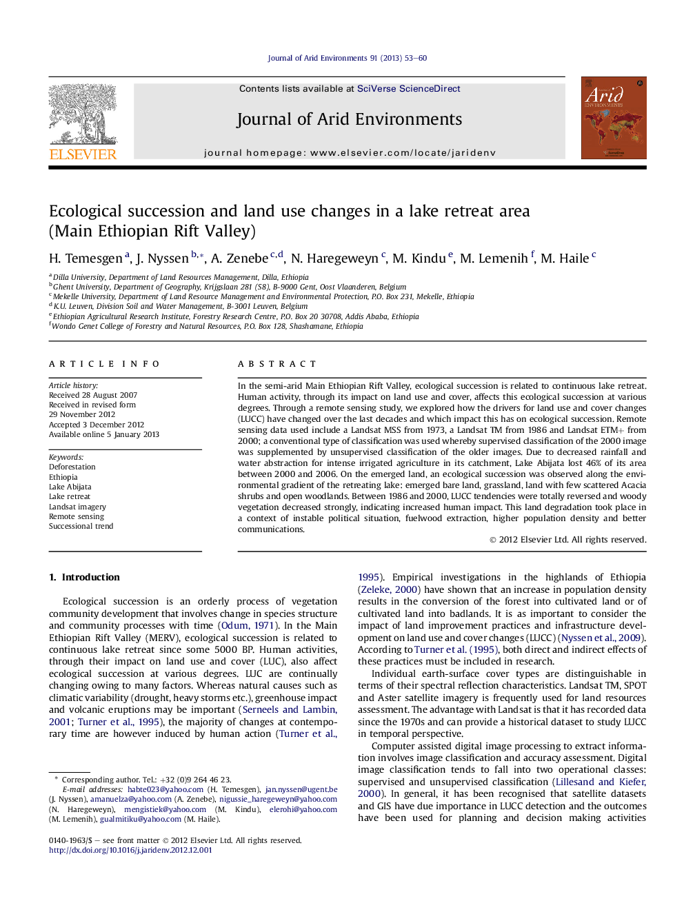 Ecological succession and land use changes in a lake retreat area (Main Ethiopian Rift Valley)