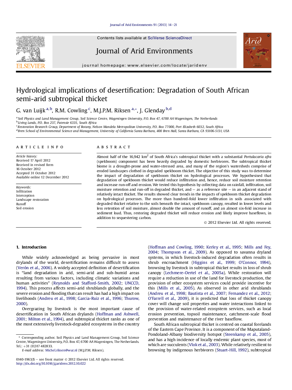 Hydrological implications of desertification: Degradation of South African semi-arid subtropical thicket