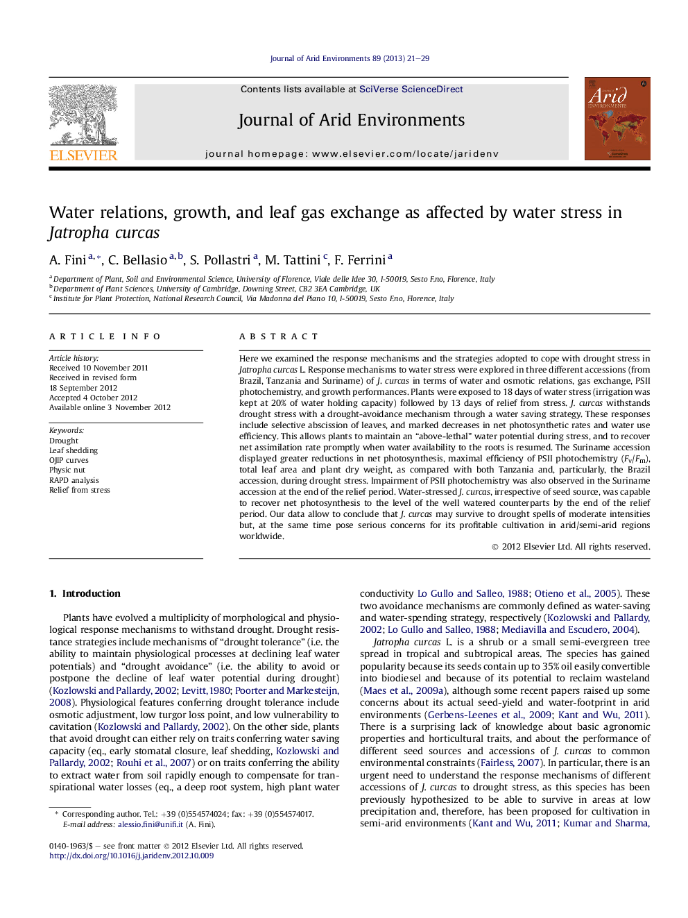 Water relations, growth, and leaf gas exchange as affected by water stress in Jatropha curcas