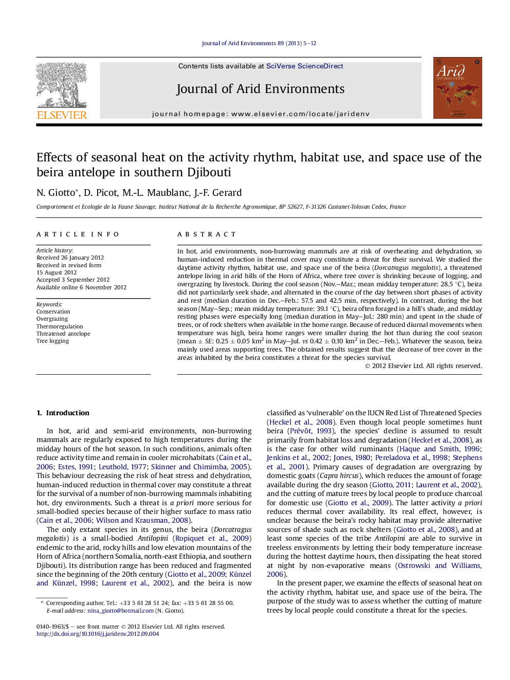 Effects of seasonal heat on the activity rhythm, habitat use, and space use of the beira antelope in southern Djibouti