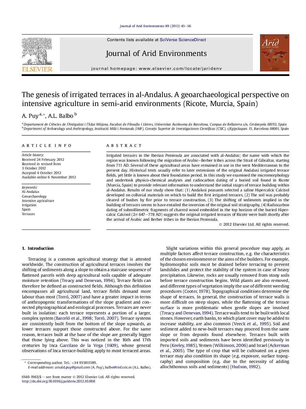 The genesis of irrigated terraces in al-Andalus. A geoarchaeological perspective on intensive agriculture in semi-arid environments (Ricote, Murcia, Spain)