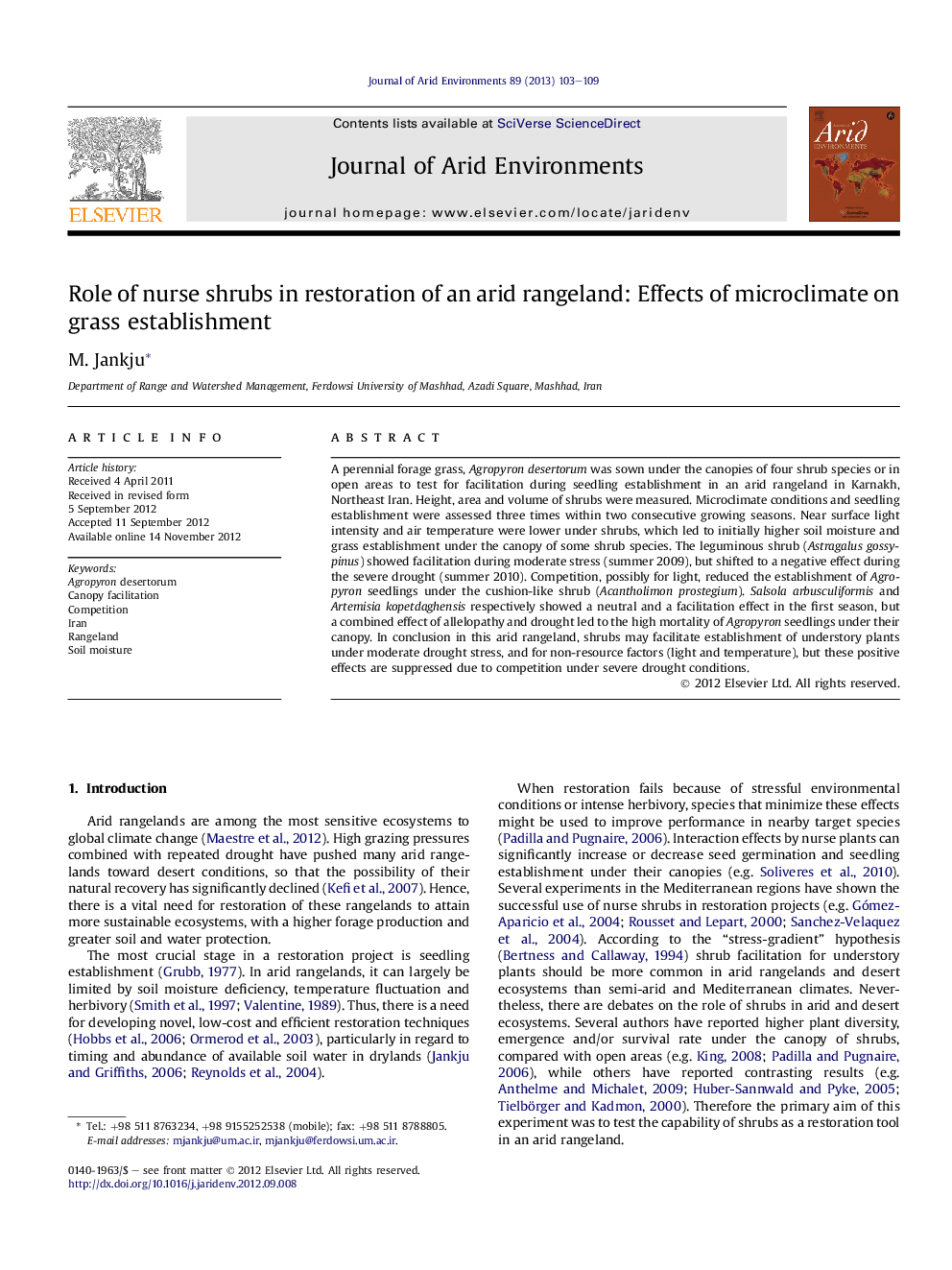 Role of nurse shrubs in restoration of an arid rangeland: Effects of microclimate on grass establishment