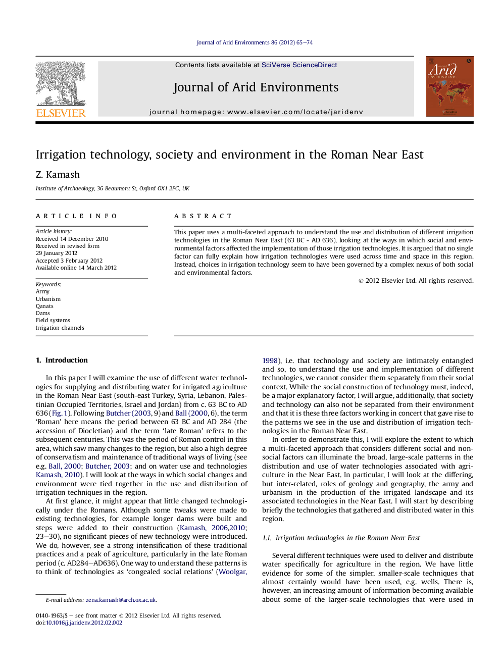 Irrigation technology, society and environment in the Roman Near East