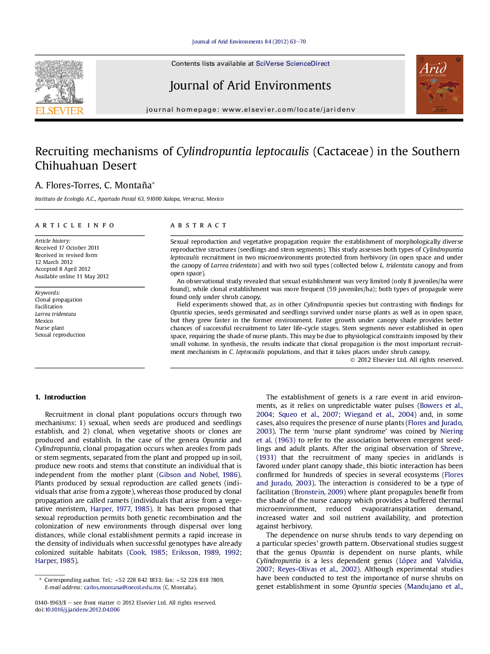 Recruiting mechanisms of Cylindropuntia leptocaulis (Cactaceae) in the Southern Chihuahuan Desert