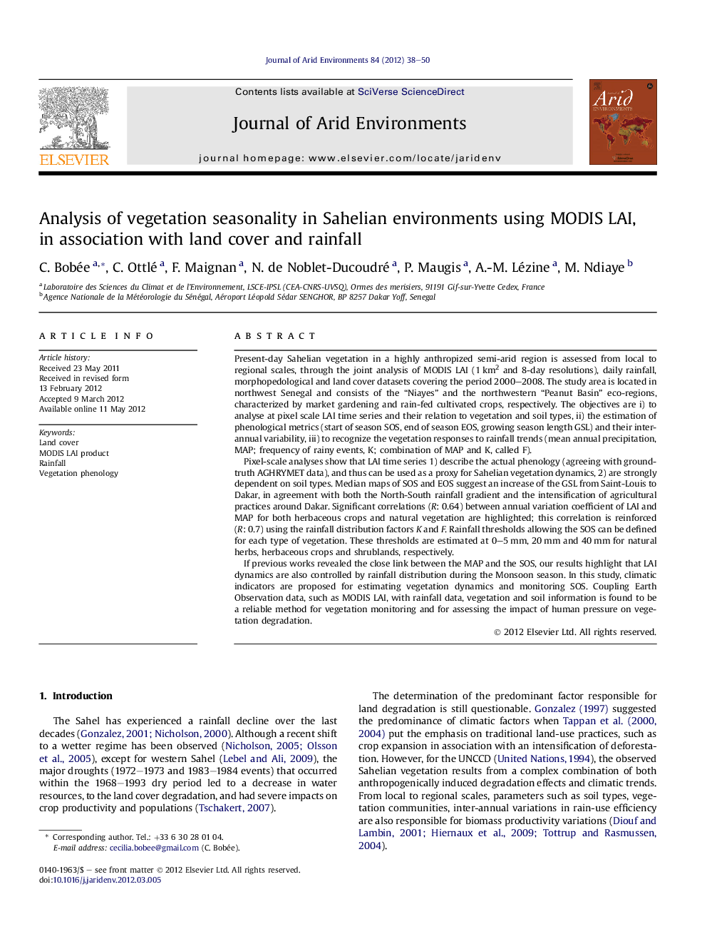 Analysis of vegetation seasonality in Sahelian environments using MODIS LAI, in association with land cover and rainfall