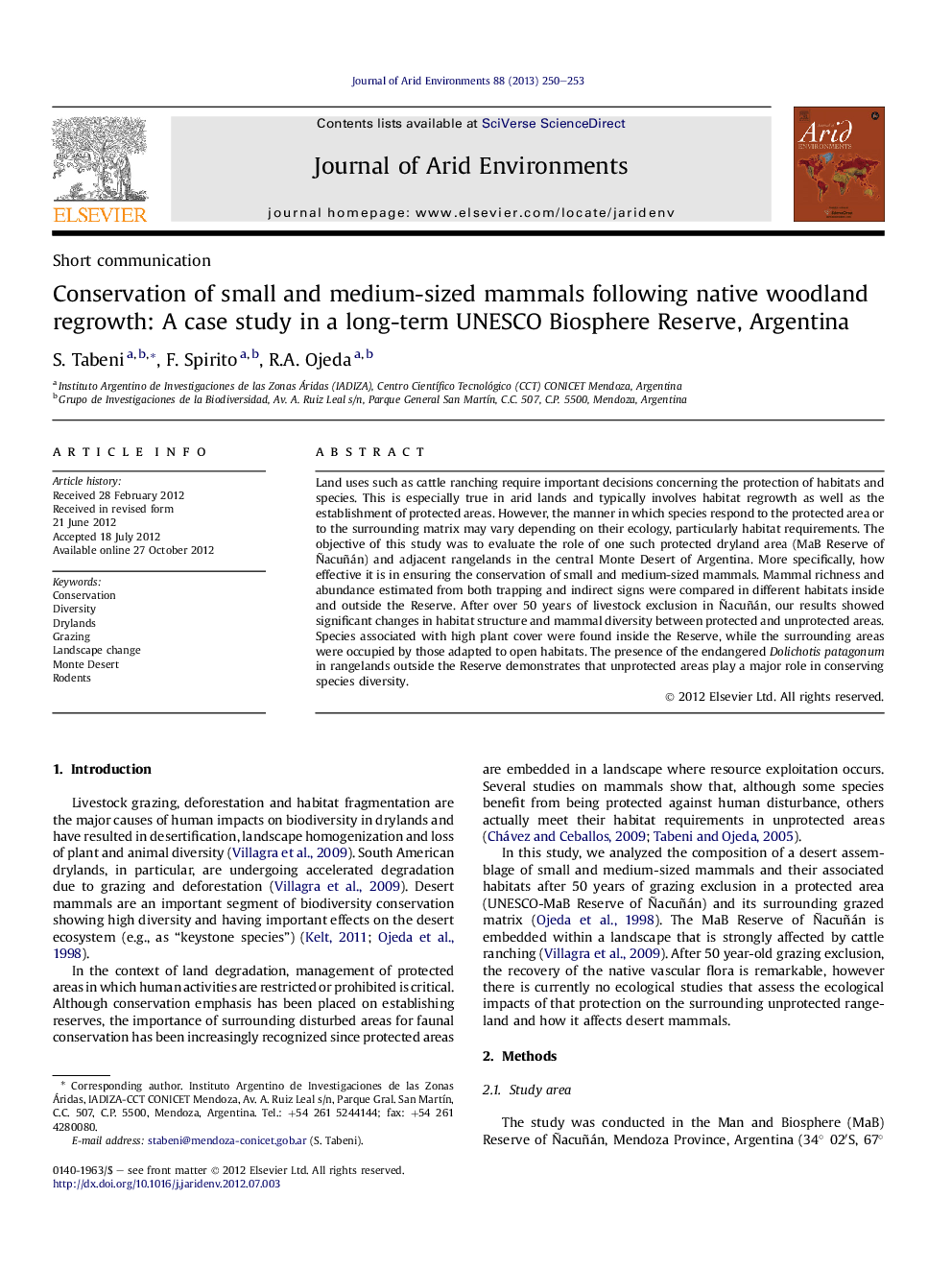 Conservation of small and medium-sized mammals following native woodland regrowth: A case study in a long-term UNESCO Biosphere Reserve, Argentina