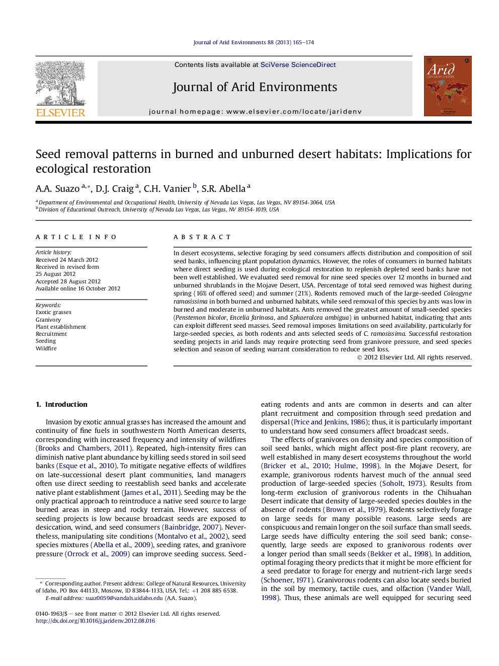 Seed removal patterns in burned and unburned desert habitats: Implications for ecological restoration